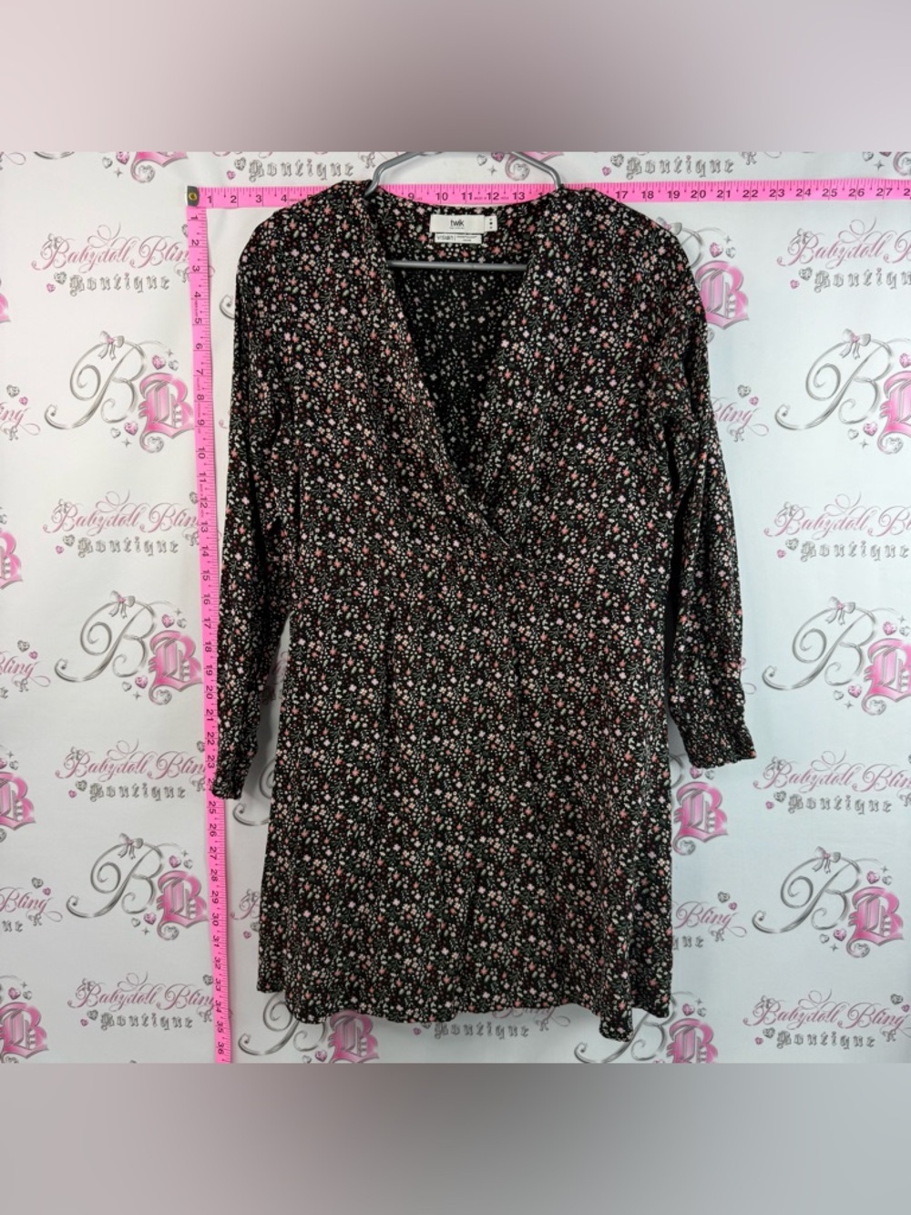twik Long-Sleeve Floral Wrap-Style Dress with Black, Pink & White Flowers
